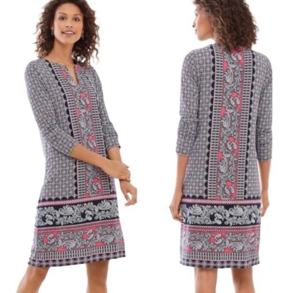 J. Jill Sz L Stretch Jersey Kbit Shift Midi Dress Long Sleeve Floral Paisley